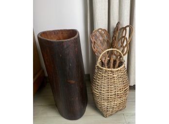 Tall Basket With Antique Rug Whackers And A Beautiful Antique Bent Wood Upright Holder