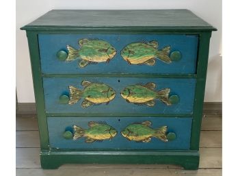 Hand Carved And Painted Fish, Three Drawer Chest Of Drawers