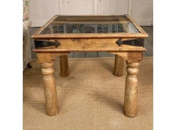 Antique Wood, Wrought Iron And Glass Top Side Table