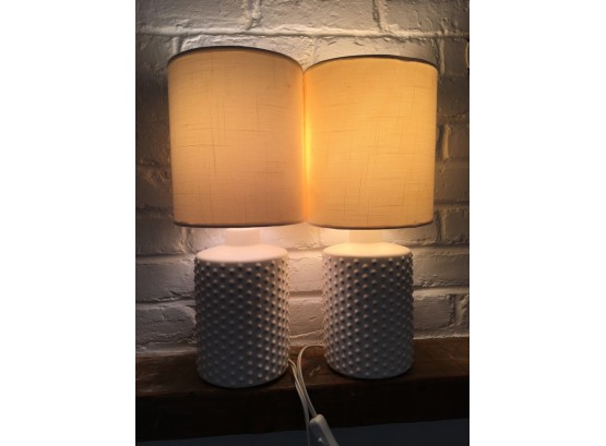 Pair Of White Ceramic Textured Bedside Lamps W/Natural Linen Shade