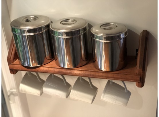 Kitchen Wooden Shelf Plus 4 Hanging Mugs And 3 Stainless Steel Canisters For Dry Goods