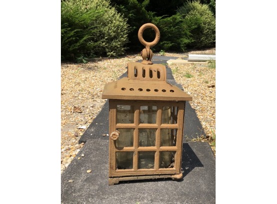 Old Wrought Iron Candle Lantern, Hurricane Holder With Hinged Loop For Hook