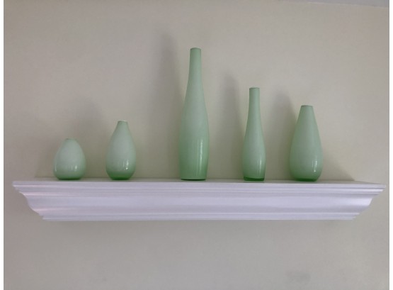 Set Of 5 Light Green Glass Bottles, Vases With White Rim And Interior