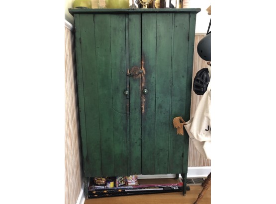 Antique Green Rustic Upright Wooden Cabinet With Shelves