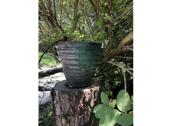 11' Tall Raku Glazed Green And Turquoise, Terracotta Ceramic Planter Pot