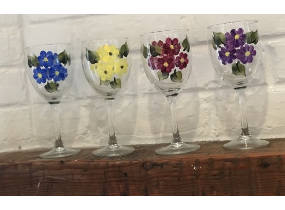 Set Of 4 Hand Painted Flowers On Stemware Wine Glasses