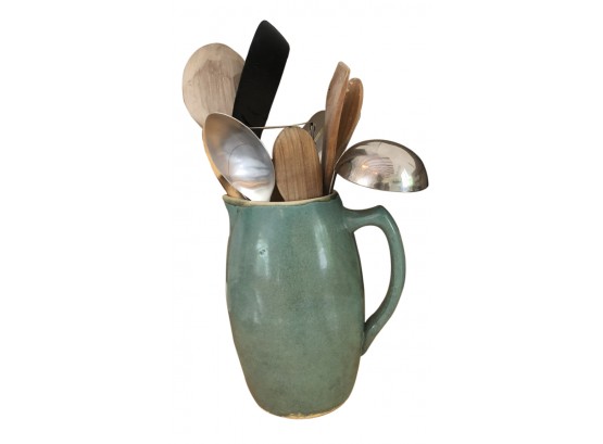 Blue Green Glazed Ceramic Earthenware  Pitcher With Mixed Lot Of Utensils