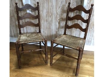 Pair Antique Ladder Back, Rush Seat Chairs