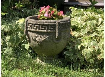 Concrete Outdoor Urn Planter With Greek Key And Grapes