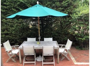 Hildreth's Teak Table And 6 Teak And Mesh Chairs With Umbrella