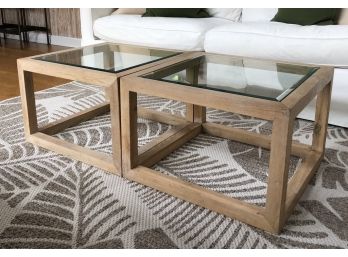 Pair Of Modern, Wood Frame And Glass Top, Rectangular And Square Or Cube Like Coffee Tables