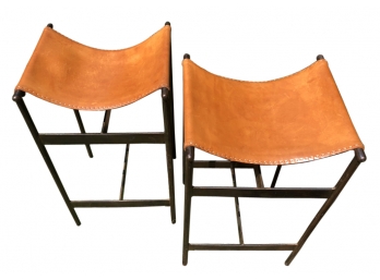 Pair Of Bauhaus Style Modern Industrial Iron And Leather Sling Seat Counter / Bar Stools
