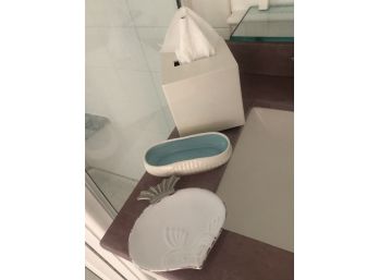 Bathroom Trio - Ceramic Soap Or Ring Dishes And A White Lucite Tissue Box Cover