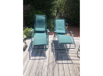 Pair Of La Fuma - Green French Outdoor Folding Lounge Chairs