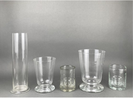 5 Pcs - Four Hurricane Glasses And A Tall, Narrow Vase In Clear Glass