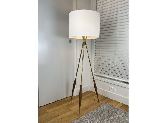 Mid Century Modern Style Three Leg Brass And Wood Floor Lamp With White Linen Shade