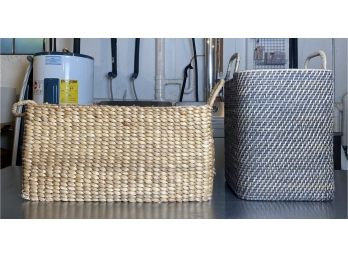 Two Woven Wicker Or Rattan Baskets With Handles - Natural And Grey