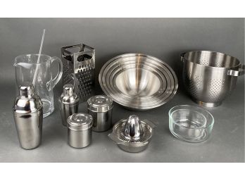 Assorted Lot Of Stainless Steel Kitchen Ware And A Glass Pitcher With Stirrer