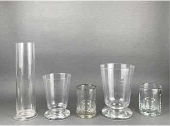 5 Pcs - Four Hurricane Glasses And A Tall, Narrow Vase In Clear Glass