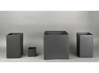 Four Matte Black Glazed Rectangular Or Square Ceramic Containers Or Vases