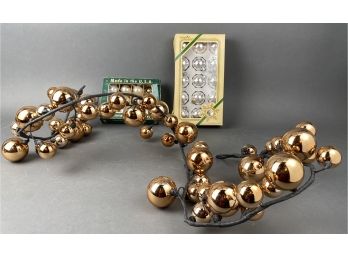 Vintage Christmas Ball Ornaments - Silver Glass And Amber Plastic On A Bending Branch