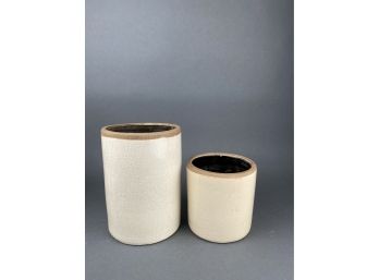 Two Large Off White Ceramic And Crackle Glaze HomArt Canisters Or Vases With Black Glaze Interior