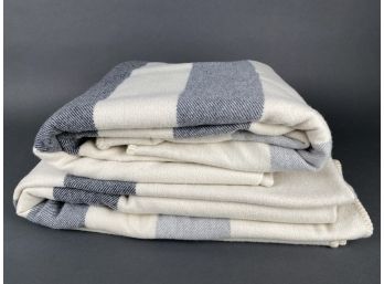 Two Lands End Wool Blankets In Natural, White And Grey Stripe