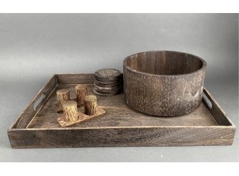 Wooden Tray, Wooden Coasters, Wooden Bowl, Two Sets Of Wooden Salt And Pepper Shakers