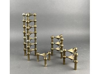 Large Lot Of Mid Century STOFF Nagel Candleholders, In Brass - 13 Pieces