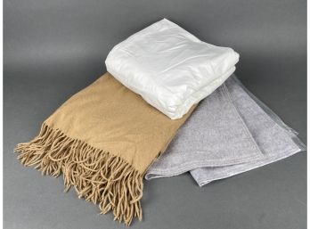 Alashan Cahsmere Blanket In Camel Tan, White Cotton Restoration Hardware Duvet Cover And Cashmere Pillow Shams