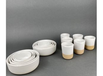 CB2 Two Sets Of White And Bisque Ceramic Or Earthenware Nesting Bowls, 5 Bowls Per Nest And 6 Tea Cups