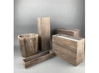 5 Containers In Wood - 3 With Metal Inserts Planters Or Waste Bins