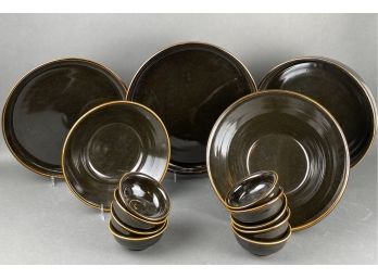14 Pieces Of The Wheel Stoneware Ceramic Serve Ware In Dark Green Brown Glaze GIANT Serving Plates