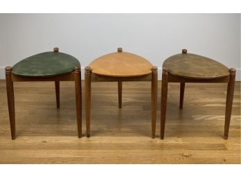 Three Mid Century Modern Three Legged Teak Stools With Naugahyde Seat Style Attributed To Spttrup Mbelfabrik