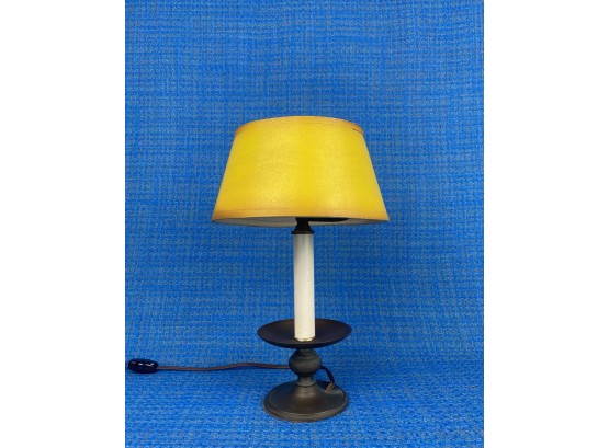 Vintage Candlestick Lamp With Brass Base And Yellow Shade