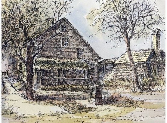 Water Color And Pen Ink 'home Sweet Home Garden' House Scene By Rudy Dengel