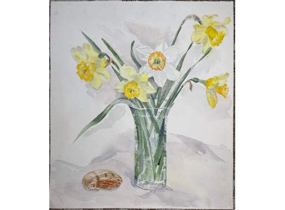 Water Color Still Life Of Daffodils In Vase With Shell By Alice Johnson