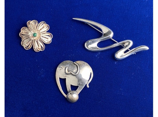 Three Sterling Silver Pins Or Brooches - Elephant, Modern, Filigree