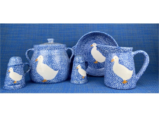 Vintage Blue And White Speckle With Duck NS Gustin Ceramic Kitchenware - Salt, Pepper, Pitcher, Canister, Bowl