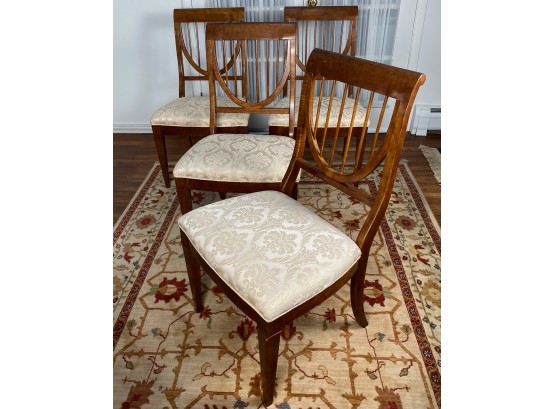 White Furniture Company, Four Harp Back Upholstered And Maple Wood Dining Chairs