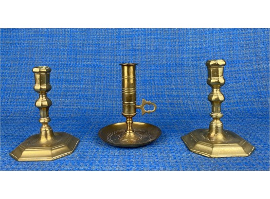 Three Antique Or Possibly Vintage Brass Candlesticks