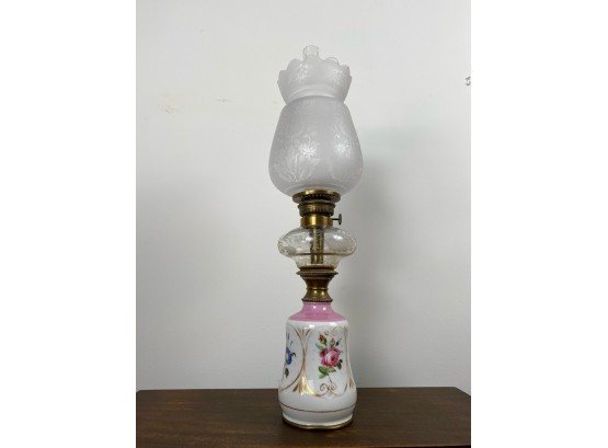 Antique Oil Lamp With Etched Glass And Hand Painted Detail