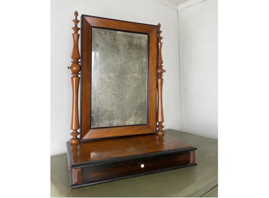 Antique Burled Wood And Maple, Shaving Mirror With Drawer And Spindle Arms