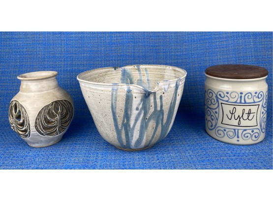 Three Ceramic Or Earthenware Vessels Two Handmade And Hand Painted One Rorstrand Sweden