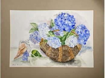 Watercolor Basket Of Hydrangea With Sea Shell