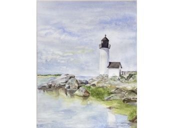 Framed And Matted Watercolor Landscape With Light House By Alice Johnson