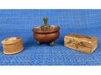 Three Small Hand Made Wooden Boxes With Lids - Two Round, One Rectangular