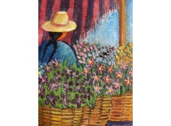 Primitive Painting, Oil On Canvas, Small Painting Of Woman In Hat At Flower Stand, Signe J. Romero