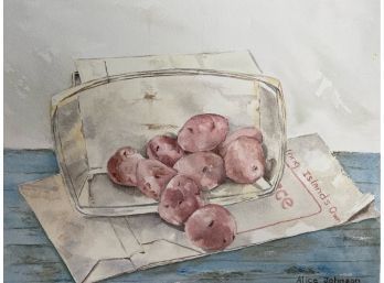 Water Color Still Life Of Spilled Basket Of Red Potatoes On Long Island News Paper By Alice Johnson