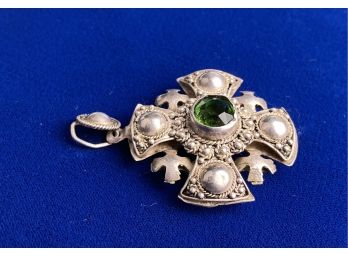 Vintage Sterling Silver And Green Stone Pendant Or Brooch - Made In Jerusalem
